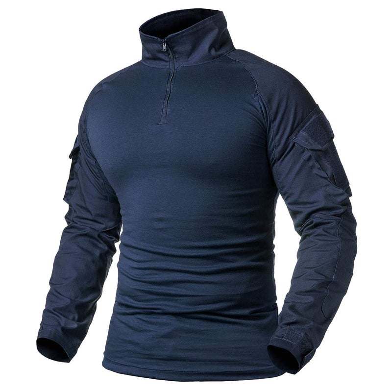 ReFire Gear Men's Military Tactical Army Combat Long Sleeve Shirt Slim Fit Camo T-Shirt with 1/4 Zipper (US Large, Navy Blue) - Image 1